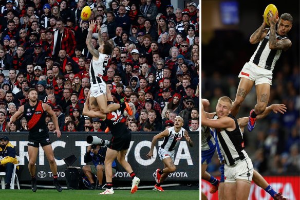Collingwood teammates Jamie Elliott (left, on Anzac Day) and Bobby Hill (on Sunday) have taken two of the leading contenders for this year’s mark of the year award.