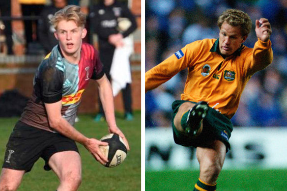 Tom Lynagh, left, and father Michael Lynagh playing for the Wallabies.