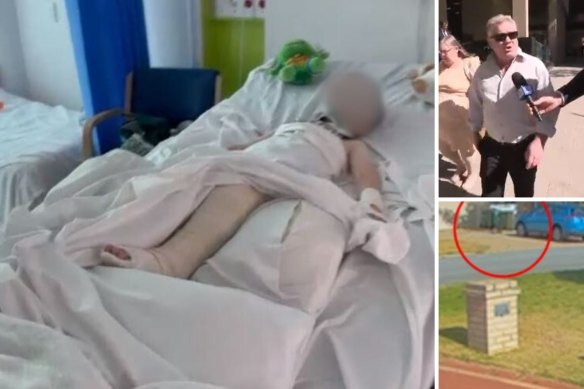 The injured four-year-old in hospital after being hit by a rubbish truck driven by David Williams (right) in Scarborough last year. 