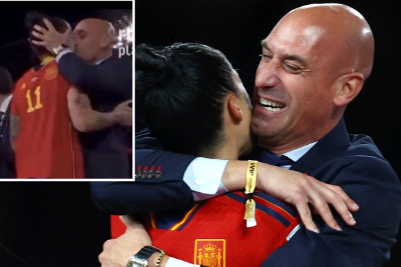 Spanish soccer boss Luis Rubiales kissing Jennifer Hermoso during the trophy ceremony at the Women’s World Cup final.
