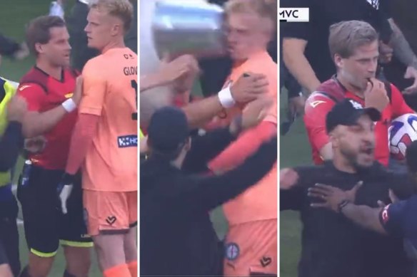 Referee Alex King urges Tommy Glover to get off the pitch before the Melbourne City player was struck by a bucket.