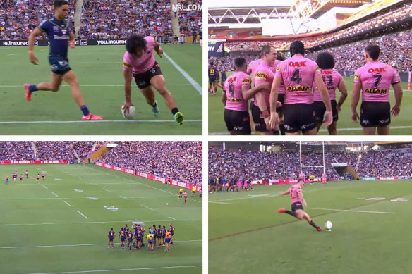 Nathan Cleary’s unsuccessful conversion attempt was taken from about six metres further infield to the point where Brian To’o touched down.