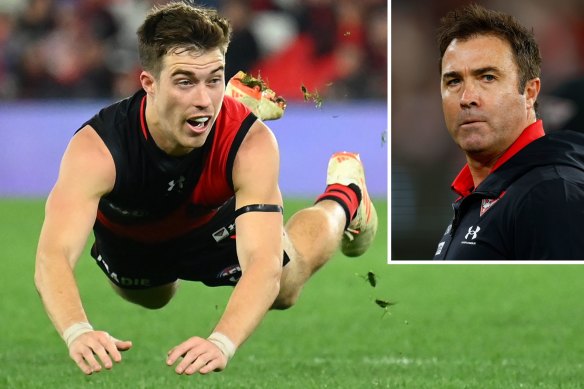Essendon skipper Zach Merrett in action, and coach Brad Scott (inset).