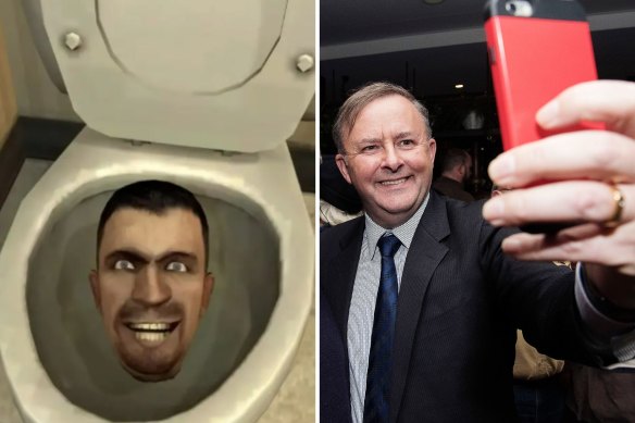 Skibidi toilet meme (L); Anthony Albanese takes a selfie (R). 