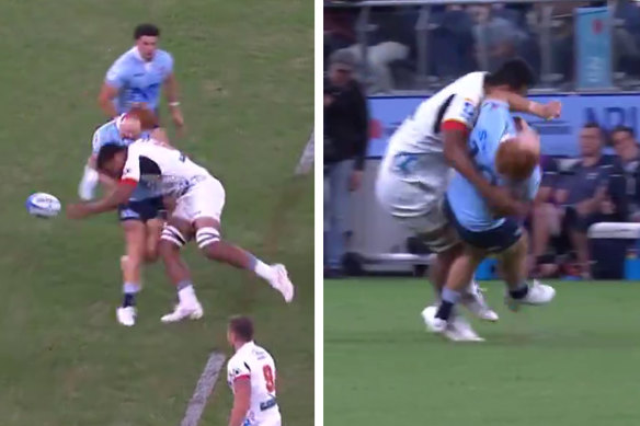 Waratahs no.10 Tane Edmed is smashed by Chiefs flanker Samipeni Finau.