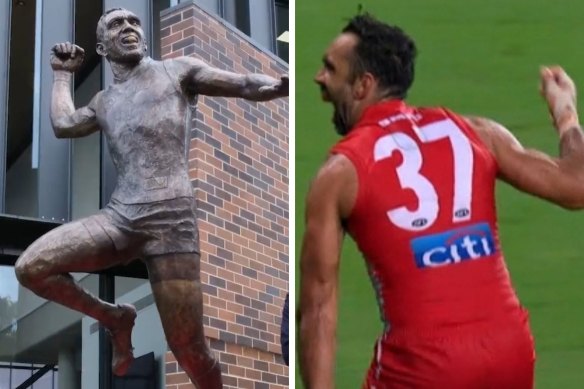 Adam Goodes’ Indigenous war dance 10 years ago has been immortalised by the Sydney Swans in a statue.