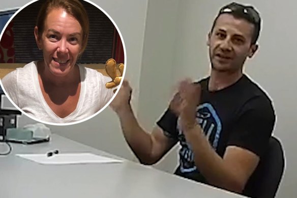 Screengrabs from a recorded interview between police and Anthony Koletti, husband of missing fraudster Melissa Caddick, inset, 10 days after she went missing.