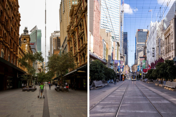 Left: Pitt street mall in CBD in Sydney in April. Right: Melbourne CBD in July. 