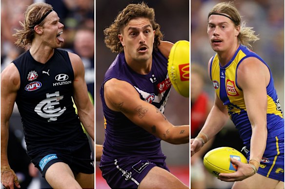 On the move? From left: Carlton’s Tom De Koning, Fremantle’s Luke Jackson, and West Coast’s Harley Reid.