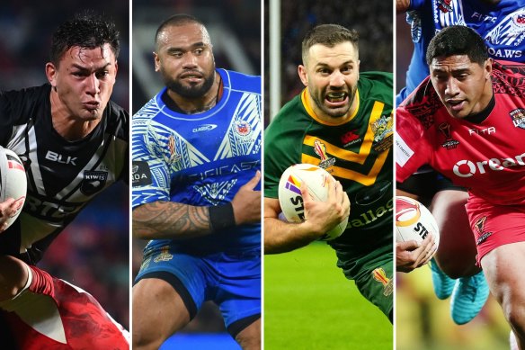 World Cup stars (from left) New Zealand’s Joseph Manu, Samoa’s Junior Paulo, Australia’s James Tedesco and Tonga’s Jason Taumalolo could meet in an end-of-year Four Nations.