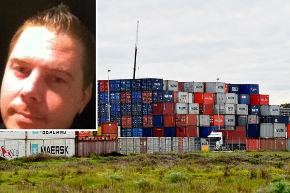 Melbourne trucking boss Troy Kellett (inset) died after falling from a stack of shipping containers in South Australia.