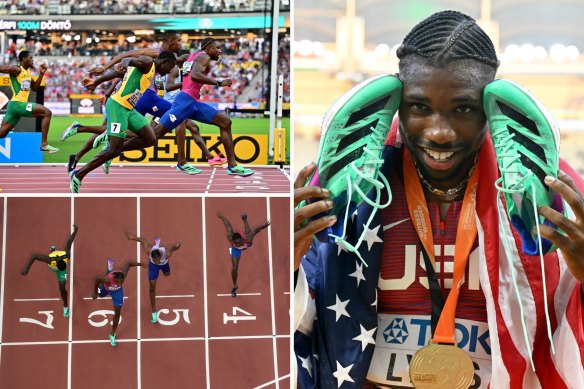 US runner Noah Lyles crosses the finish line (left top, bottom) to win the 100m at the world championships with a time of 9.83s and celebrates his win.