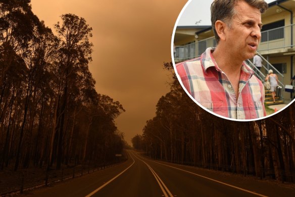 The Princes Highway between the towns of Bodalla and Mogo in January 2020 and Transport Minister Andrew Constance. 