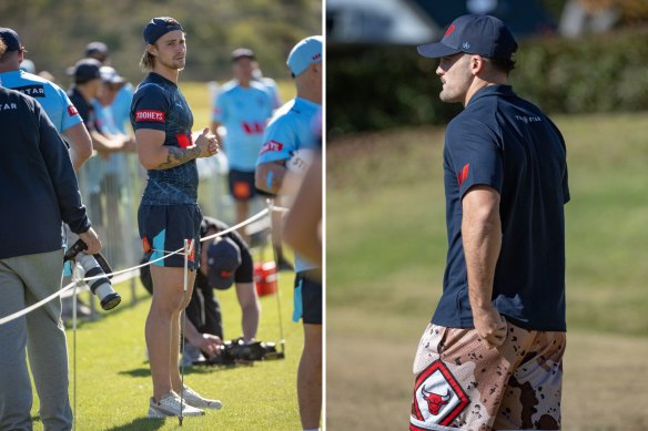 Nicho Hynes watches on at training as he nurses a calf complaint, while injured star Nathan Cleary arrives in camp to help the team’s preparations.