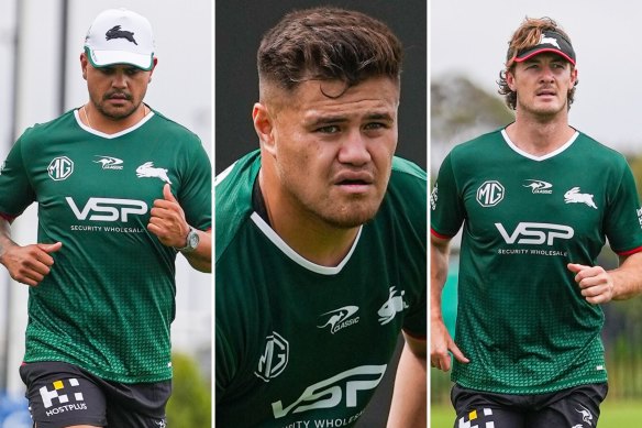 Latrell Mitchell, Josh Schuster and Campbell Graham at day one of the Rabbitohs pre-season training.