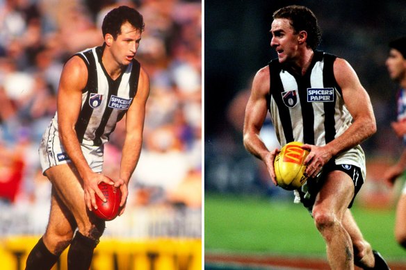 Craig Kelly and Graham Wright in their playing days, part of Collingwood’s 1990 premiership.