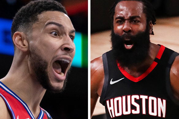 Any move from Philadelphia for former NBA MVP Harden, right, was likely to result in Ben Simmons being traded.