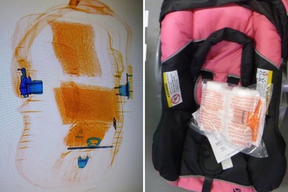 X-ray of a baby carrier concealing several slabs of methamphetamine. The dark orange blocks indicate the location of the hidden drugs.