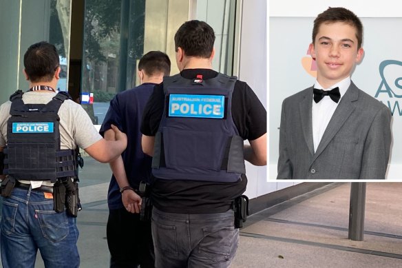 Jarin Towney, 24, is arrested by Australian Federal Police this week over charges related to drug importation, and (inset) Towney as a child actor in 2015.