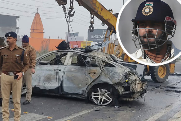 The scene of the car accident involving Rishabh Pant (inset).