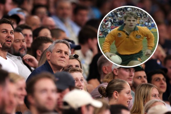 Peter Jorgensen watching his son play at Allianz Stadium, and (inset) on debut for the Wallabies against Scotland at the same ground in 1992.