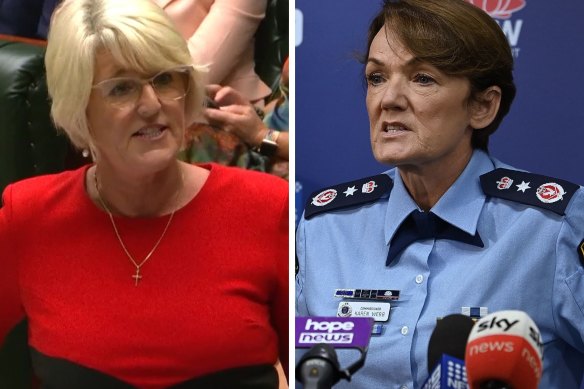 Police Minister Yasmin Catley (left) in parliament on Wednesday; Police Commissioner Karen Webb addresses media.