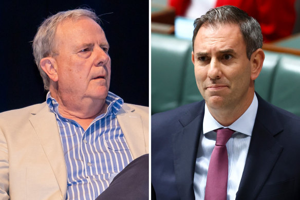 Peter Costello, left, said Jim Chalmers’ plan broke almost 20 years of bipartisanship.