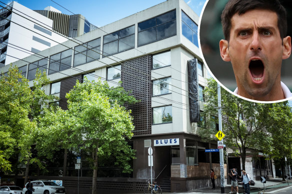 The Park Hotel where Novak Djokovic, inset, is in immigration detention.