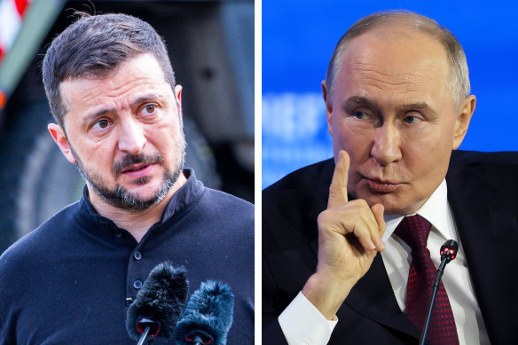 O presidente ucraniano Volodymyr Zelensky e o presidente russo Vladimir Putin.