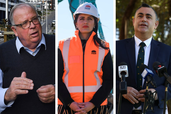 From left: Outgoing NSW building commissioner David Chandler, former fair trading minister Eleni Petinos and former deputy premier John Barilaro.