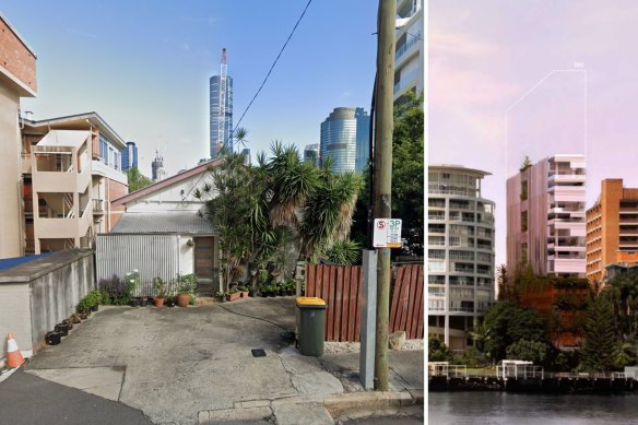The narrow site at Pixley Street in Kangaroo Point (left), where developers plan to build a 17-storey tower with seven multi-level apartments (right, as depicted from the CBD).