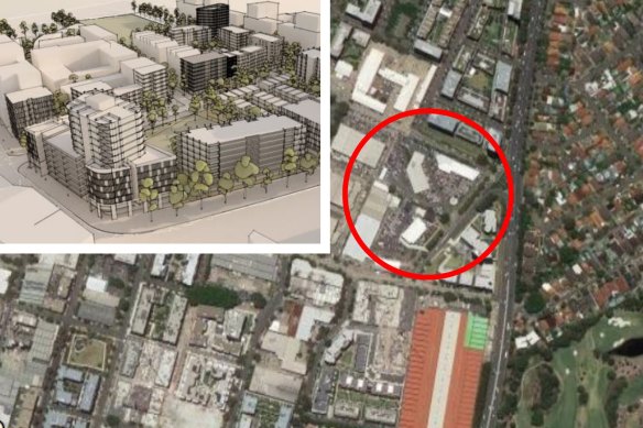 A sketch of the proposed Meriton development in Zetland and a map showing its location next to Southern Cross Drive.