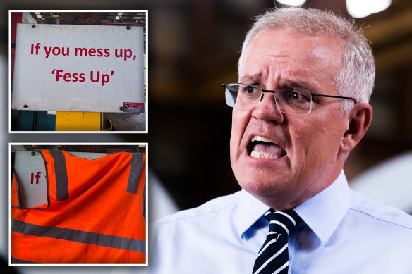 Scott Morrison visited TEi Services on Tuesday, where a sign was quietly covered up lest it be snapped with the PM. 