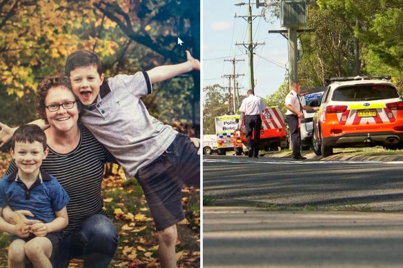 Trish Smith, who has been arrested, and her sons Ben and Russell, who were found dead in their Blue Mountains home.