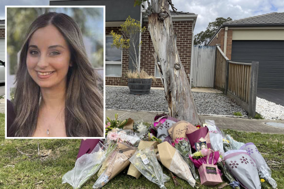 Celeste Manno (inset) and flowers outside her Mernda home, where she was killed.