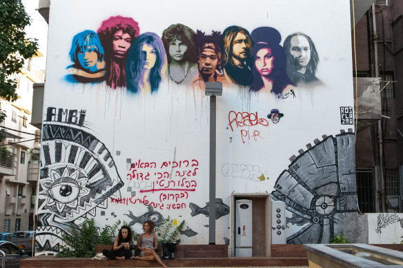 A mural in Tel Aviv commemorating musicians who died at 27, including Jimi Hendrix, Janis Joplin and Amy Winehouse.