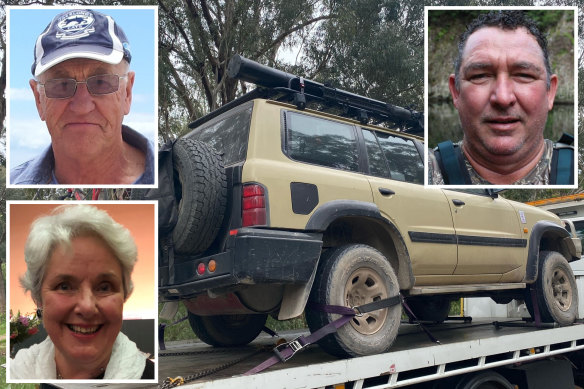A four-wheel-drive impounded by police and (inset left) campers Russell Hill and Carol Clay, and (right) Greg Lynn, charged with murdering the pair.