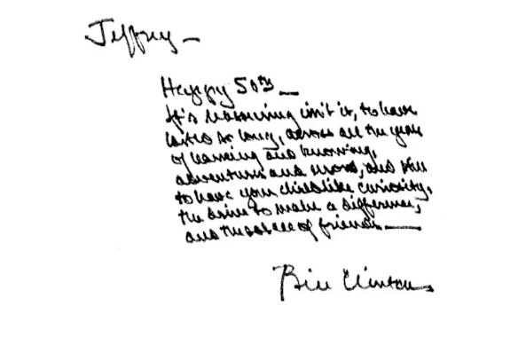 The message purportedly left by Bill Clinton in Jeffrey Epstein’s 50th birthday book.