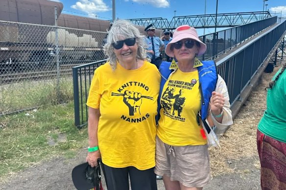Journalist Wendy Bacon (left) after being arrested at a protest in Newcastle on the weekend.