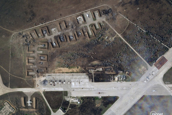Destroyed Russian aircraft and other damage at Saky Air Base in Crimea after Ukraine strikes in August.
