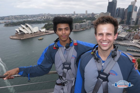 Brothers Bizu and Nathaniel Brooks Horwitz on the Sydney Harbour Bridge climb in 2018.