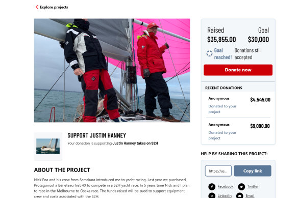 Justin Hanney’s fundraising page on the Australian Sports Foundation’s website to raise funds for the yacht he co-owns with Nick Foa.