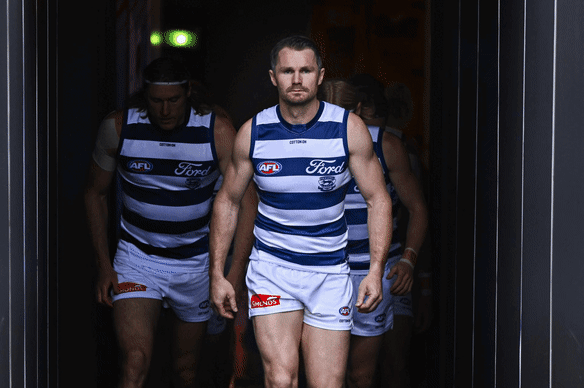 Patrick Dangerfield in Adelaide in 2009 - his second season on the Crows’ list - and leading the Cats into battle.