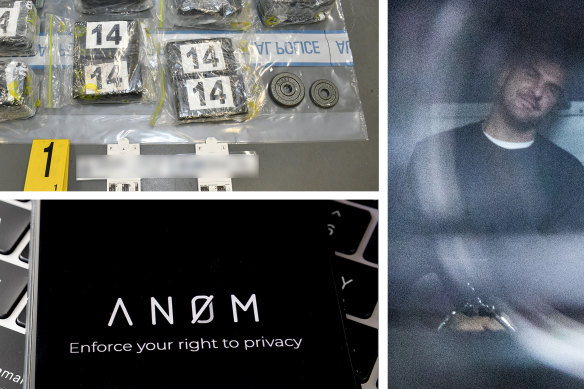 Clockwise from top left: The AFP seized 160 kilograms of cocaine during Operation Ironside in late May 2021; Mark Buddle in a prison vehicle leaving the Melbourne Magistrates’ Court; the AN0M app logo.