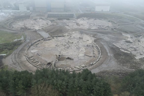 The remains of the northern cooling towers at the decommissioned Fiddler’s Ferry coal-fuelled power station after demolition, in Warrington, England, in December.