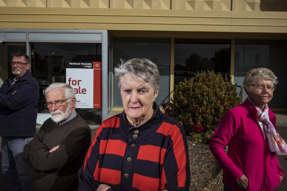 Mortlake residents Doug Parker, Kelvin Goodall, Jill Parker and Rosalie Goddard are upset at the closure of their only bank leaving them with an over 40-kilometre journey to the nearest town with an ATM.