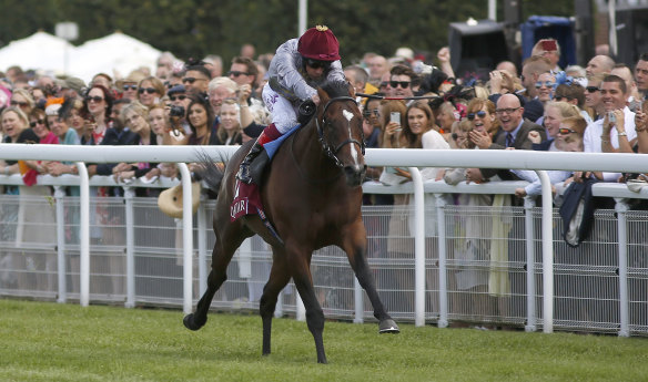 Frankie Dettori steering Shalaa to victory in the Qatar Richmond Stakes at Goodwood in 2015.