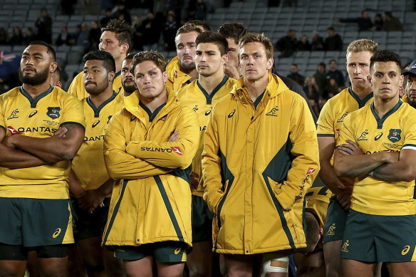 Wallabies players after a defeat to the All Blacks in 2018 at Eden Park. 