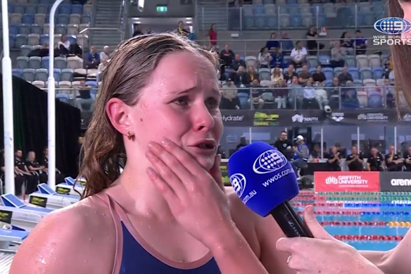 Sienna Toohey is interviewed on Channel Nine after her win in the women’s 100m breaststroke final on Tuesday evening. 
