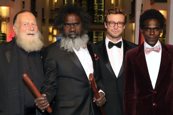 Jack Thompson, Witiyana Marika, Simon Baker and Jacob Junior Nayinggul at the High Ground premiere during the 70th Berlinale International Film Festival Berlin on February 23.